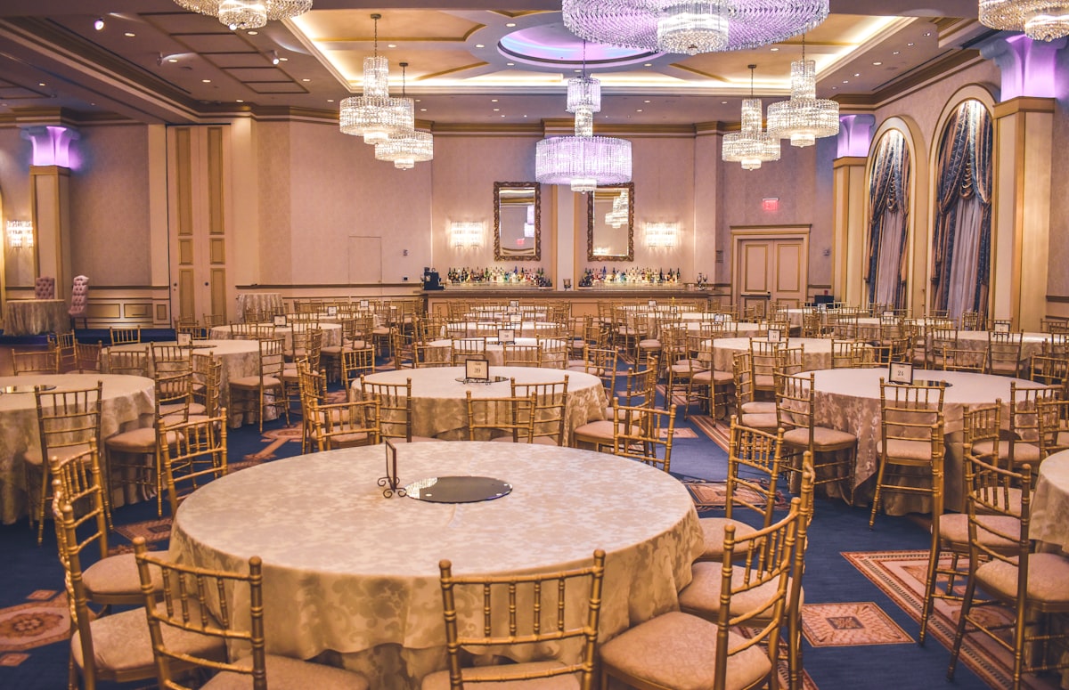 Grand ballroom with chandelier dining
