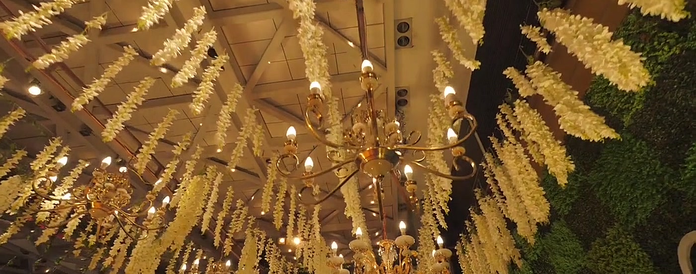 Ceiling florals and chandeliers